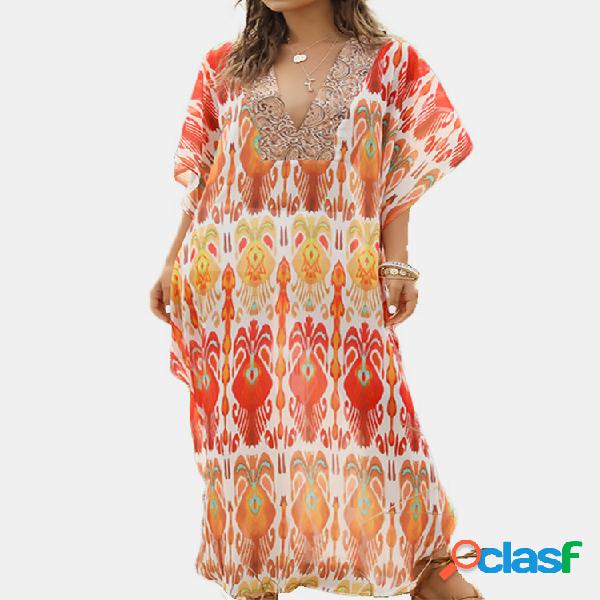 Bohemian Half Sleeve Print V-neck Maxi Dress For Women