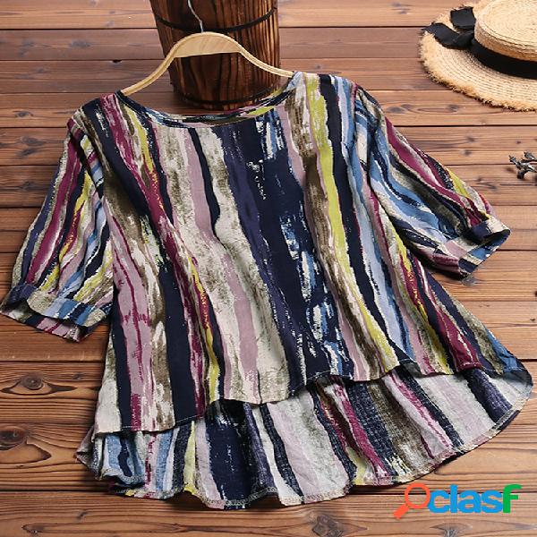 Bohemian Muti Color Striped Irregular Plus Blusa Tamanho