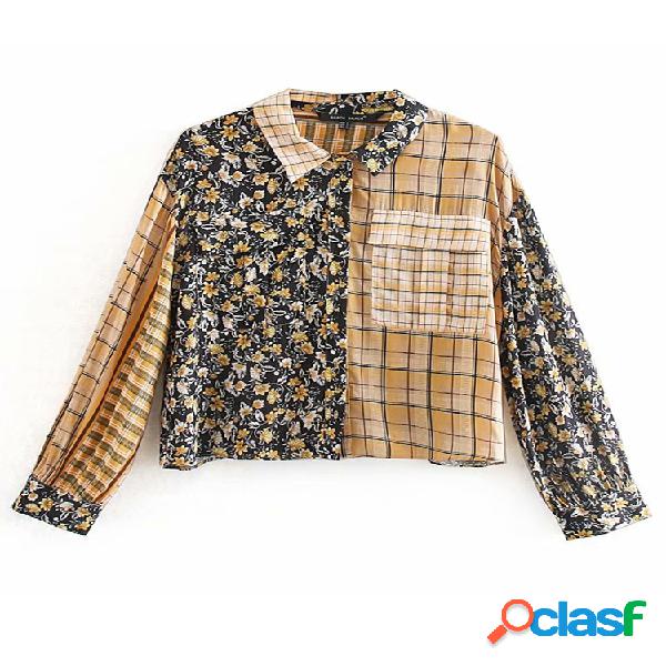 Bolso com mangas compridas e lapela com manta de flor Camisa
