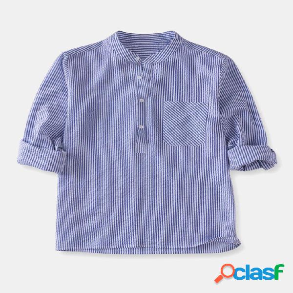 Bolso no peito listrado para homens Seersucker Henley Camisa