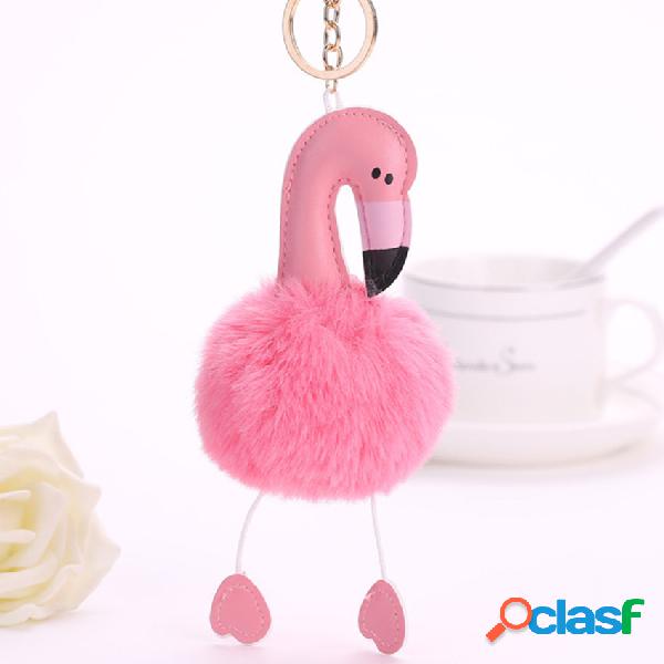 Bonito Flamingo Keychain Rosa Faux Pele De Coelho Bola