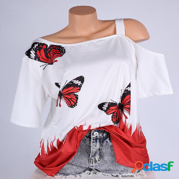 Borboleta Casual Impresso Off Ombro T-shirts para Mulheres