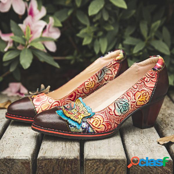 Borboleta em relevo Floral Couro Emenda Costura Slip-on