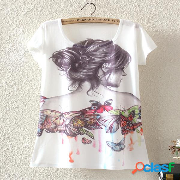 Borboleta menina vintage impresso mulheres soltas t-shirt de