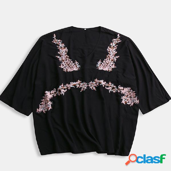 Bordado Floral 3/4 de manga solta Plus Tamanho T-shirt