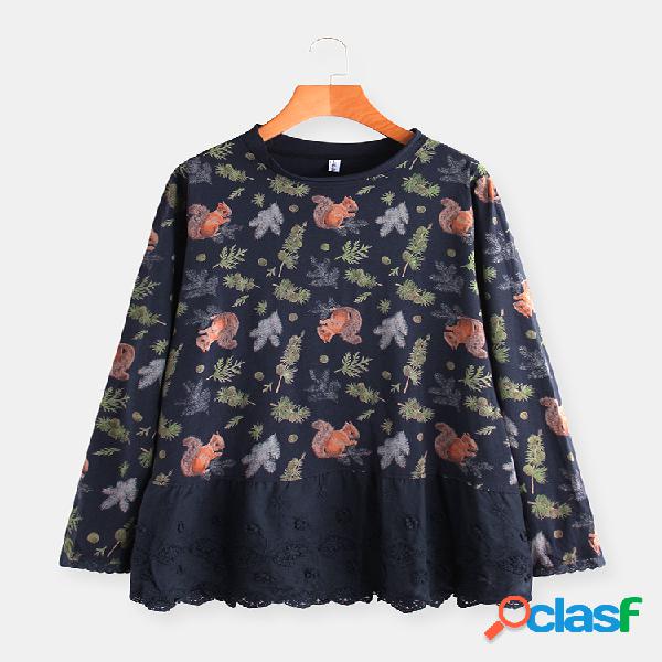 Bordado Floral Lace Patchwork manga comprida Plus blusa de