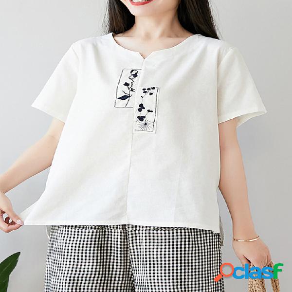 Bordado manga curta Loose Casual T-shirt para as Mulheres