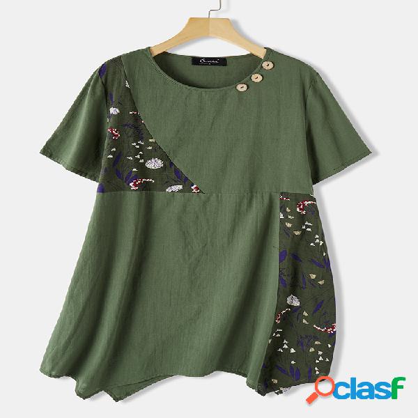 Botão Floral Print Patchwork Plus Blusa Irrgular Tamanho