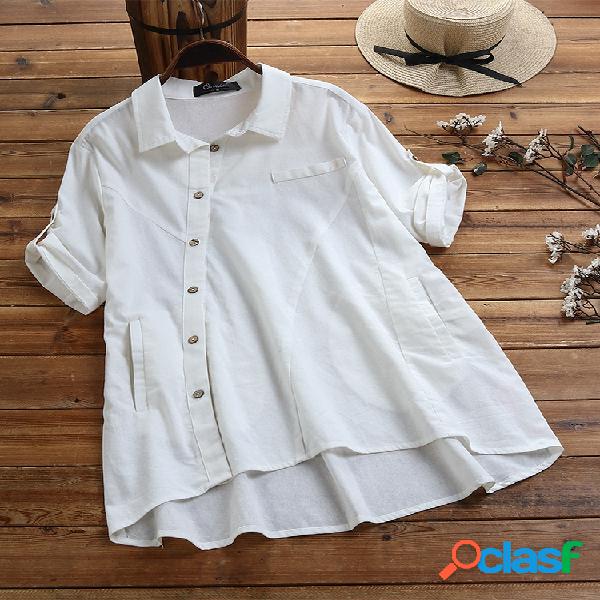 Botão irregular de cor sólida vintage Plus tamanho Camisa