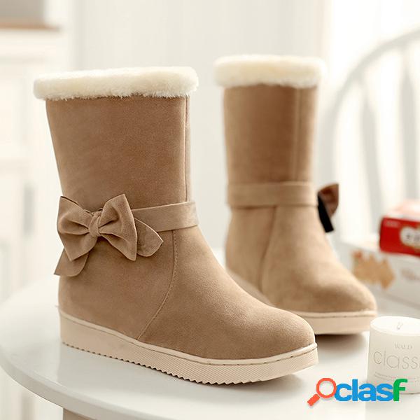 Bowknot Slip On Fur Forro Inverno Mid Calf Botas