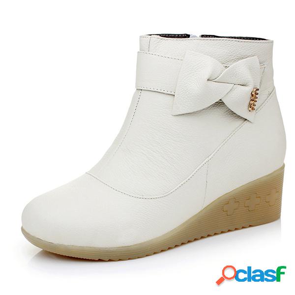 Bowknot Wedges Leather White Boots