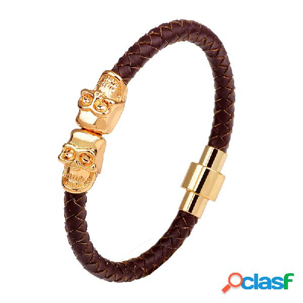 Bracelete de pulseira de crânio de ouro retro para homens