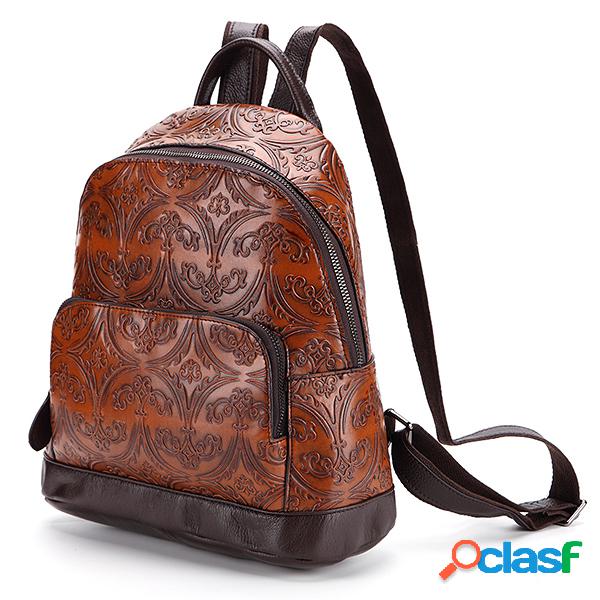 Brenice Mochila Vintage Feminina Flor em Relevo Couro