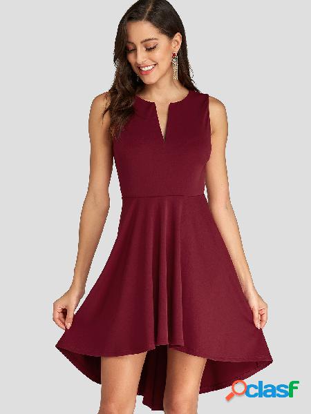 Burgundy V Neck High-Low Hem Pleated Sleeveless Dress