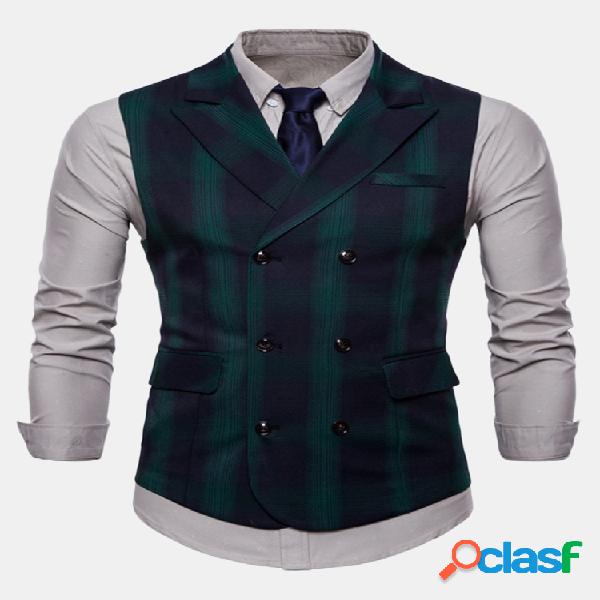 Business Double-breasted Plaid Impresso Turndown Collar Slim