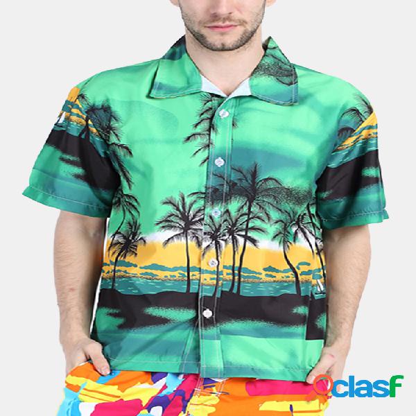 Camisa Homens Hawaiian Impressão de Árvore de Coco Praia