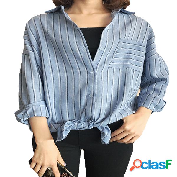 Camisas de gola de turn-down manga longa listrada Casual