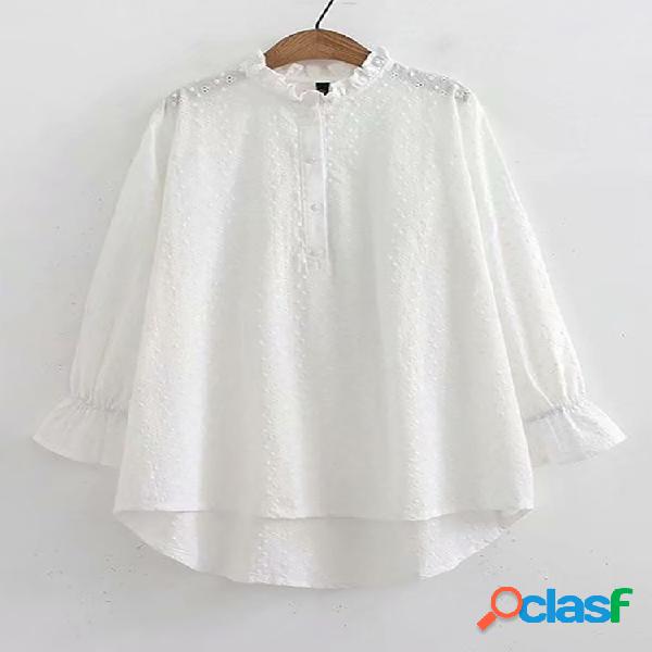 Camisas de manga longa gola plissado bordado