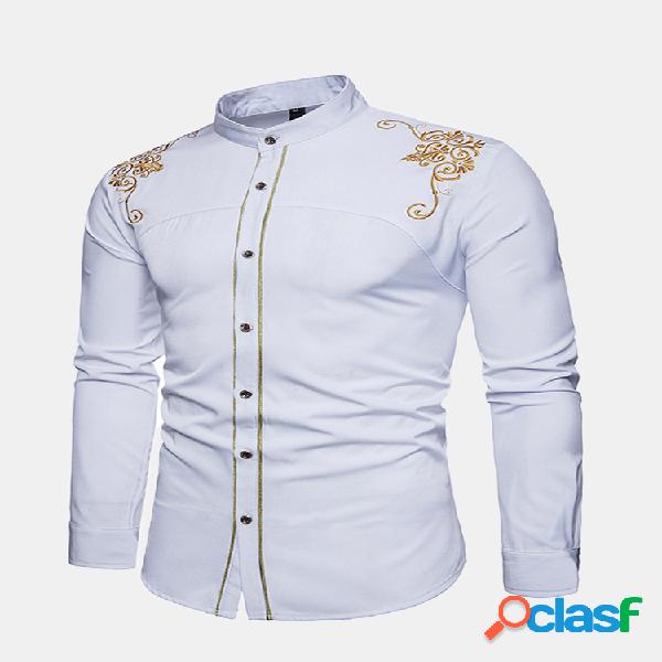 Camisas de trabalho ocasionais Bordado Gola manga comprida