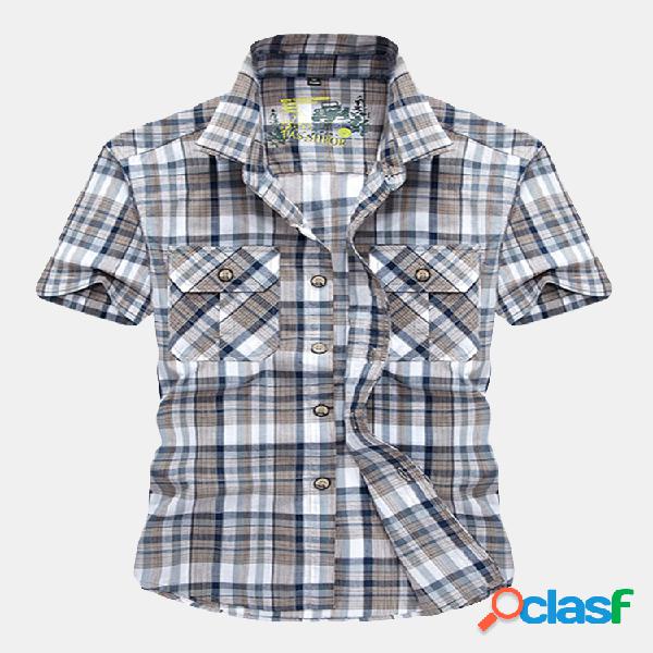 Camisas xadrez de algodão com mangas soltas e bolsos para