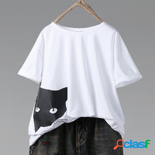 Camiseta Gato Estampado Casual Feminina