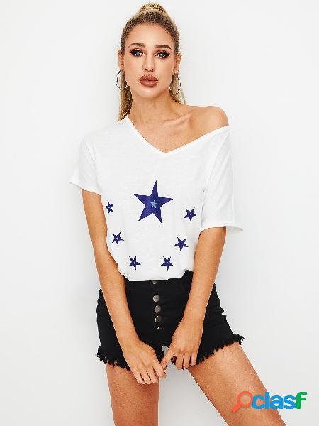 Camiseta de manga curta com estampa de estrela branca YOINS