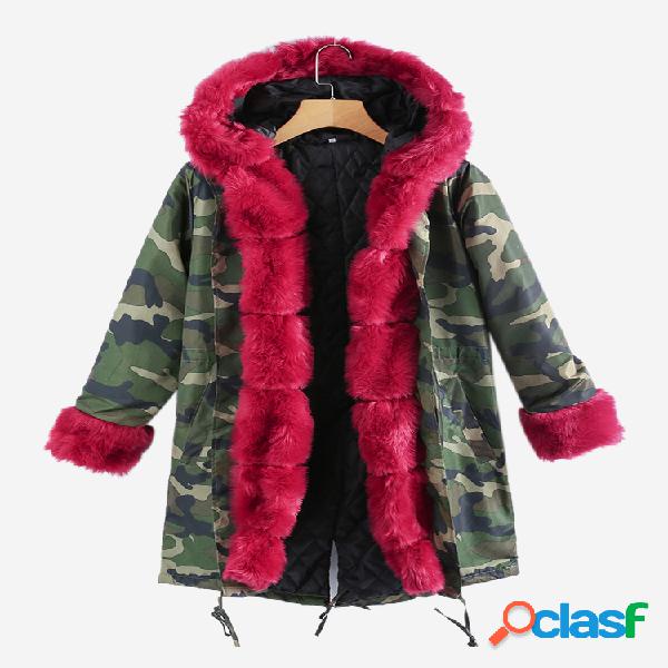 Camuflagem Casacos longos de inverno com pelo falso