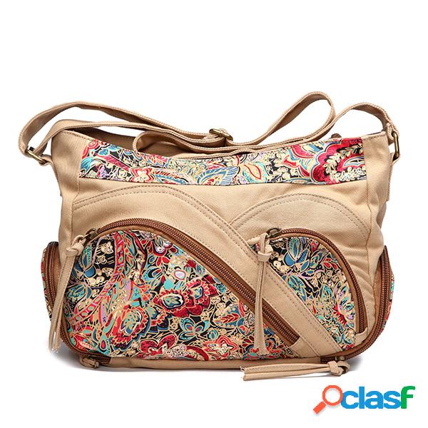 Canvas Tribal Flower Multi-bolsos Crossbody Bolsa Ombro