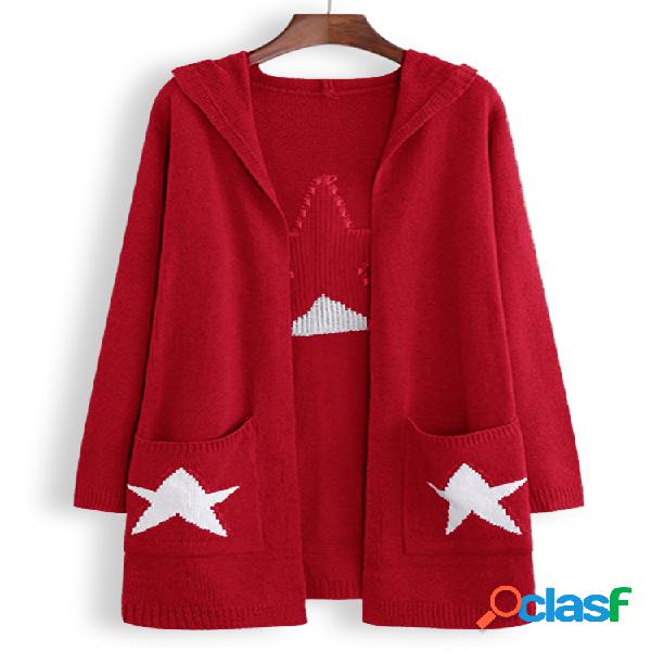 Cardigans de malha com capuz estrelas estampadas para