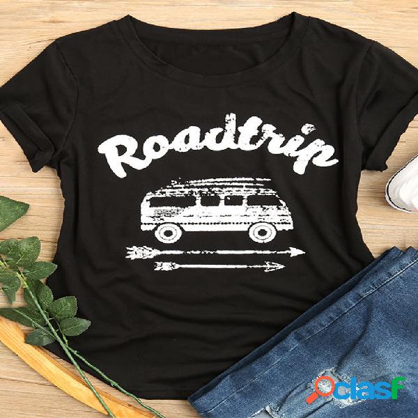 Carta Car Print T-shirt de manga curta para mulheres