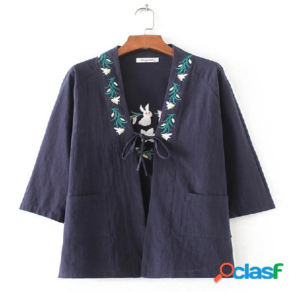 Casaco casual bordado manga comprida Kimono para mulheres