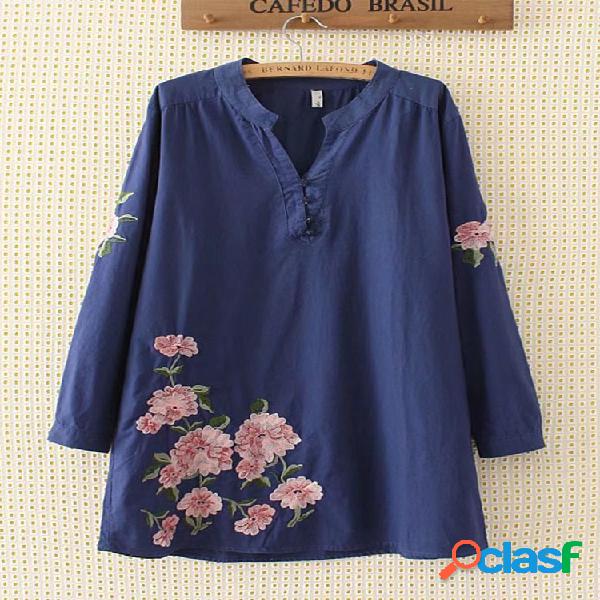 Casual Bordado V-Neck camisa de manga comprida para as