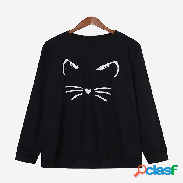 Casual Cat Print manga comprida O-neck Sweatshirts For Women