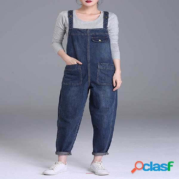 Casual Denim Pockets Rompers For Women