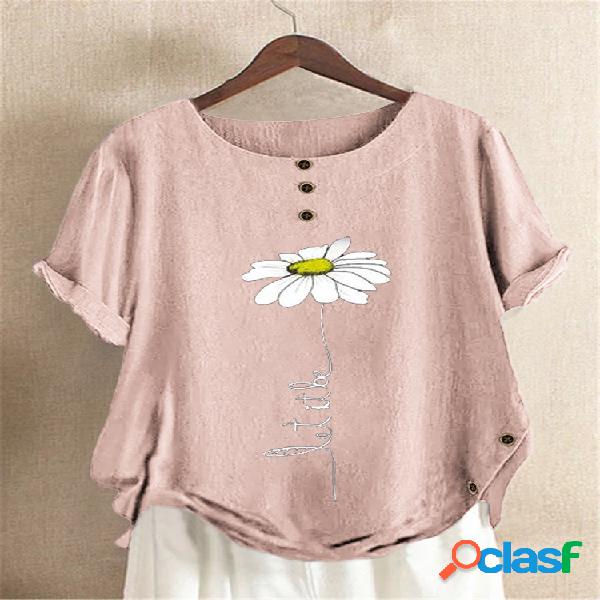 Casual Floral Impresso Botão Assimétrico Hem O-Neck