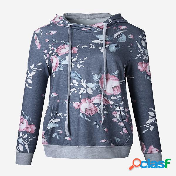 Casual Floral Print Patchwork Hooded Long Sleeve Hoodies