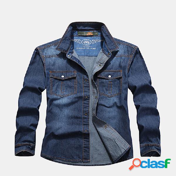 Casual Loose Solid Color Double Chest Pockets Algodão Denim