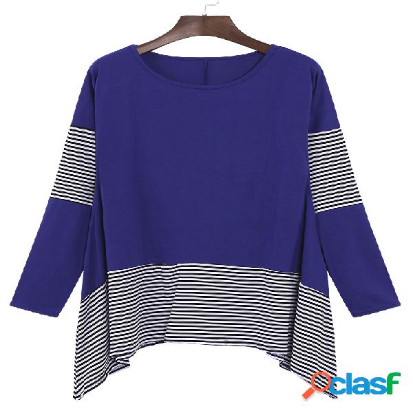 Casual Loose Striped Patchwork Asymmetrical Women Bluses