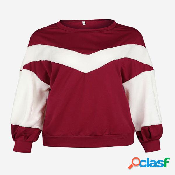 Casual Loose Velvet Patchwork O-Neck manga comprida Hoodies