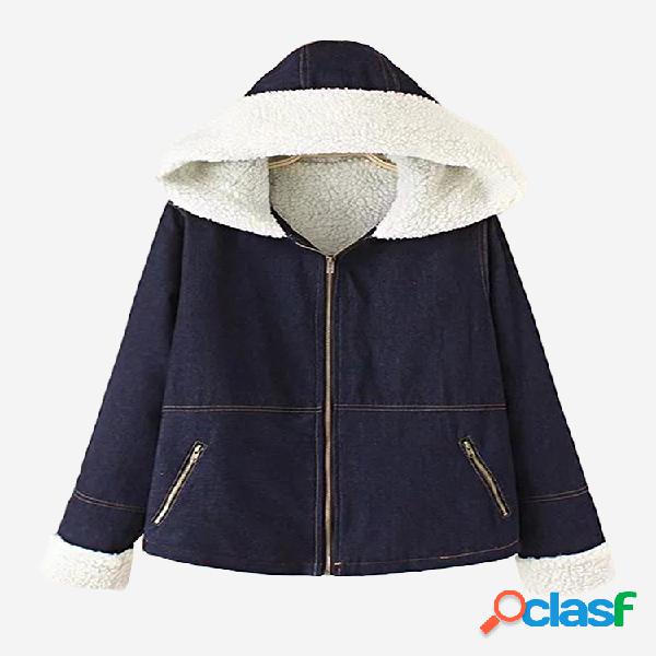 Casual Mulheres Solid Long Sleeve Hooded Thick Denim Coat