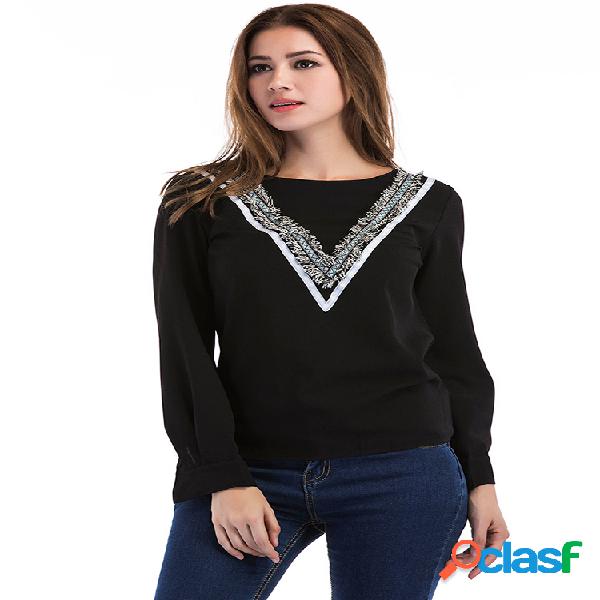 Casual O-Neck Tassel Patchwork Blusas Mulheres