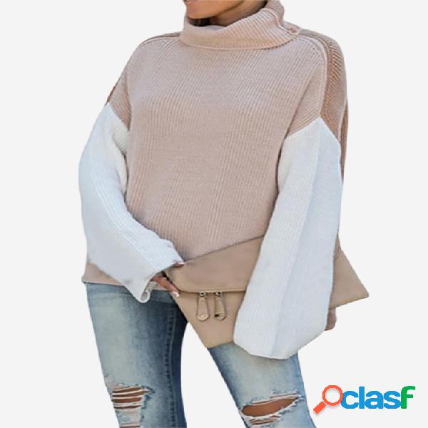 Casual Patch Turtlenck manga comprida camisola solta