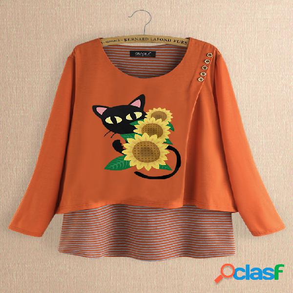 Casual Print Cats Flower Patch Blusa listrada de duas peças