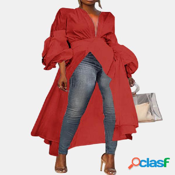 Casual Puff Sleeve Split Hem Long Maxi Decote em V Camisa