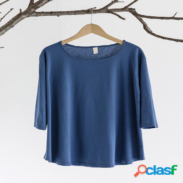 Casual Pure Color Loose 3/4 Sleeve O-neck Women T-shirts