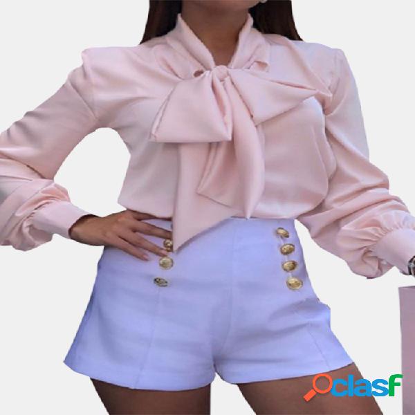 Casual Solid Color Bow Plus Blusa de tamanho para mulheres