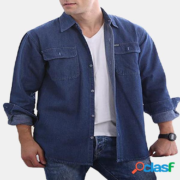 Casual Solid Color Loose Water Washed Cotton Denim Shirts