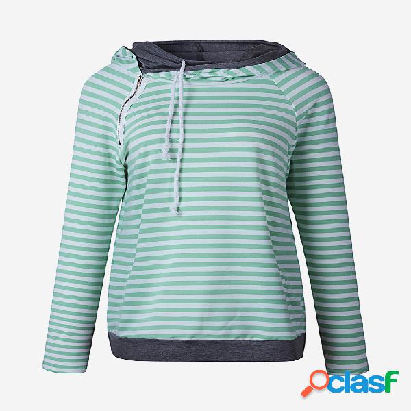 Casual Stripe Patchwork Side Zipper Hoodies Mulheres com