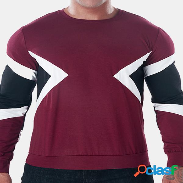 Casual Três cores Patchwork gola redonda T-shirts de manga