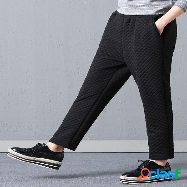 Casual Warm Solid Embossed Elastic Waist Pockets Pants